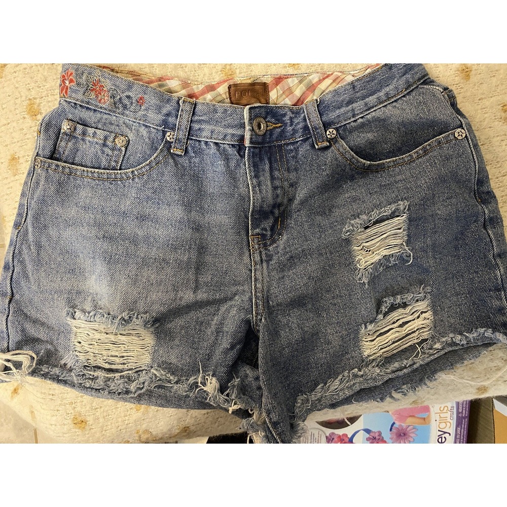 POL Vintage Distressed Embroidered Denim Cut Off Shorts Blue Small JFP165